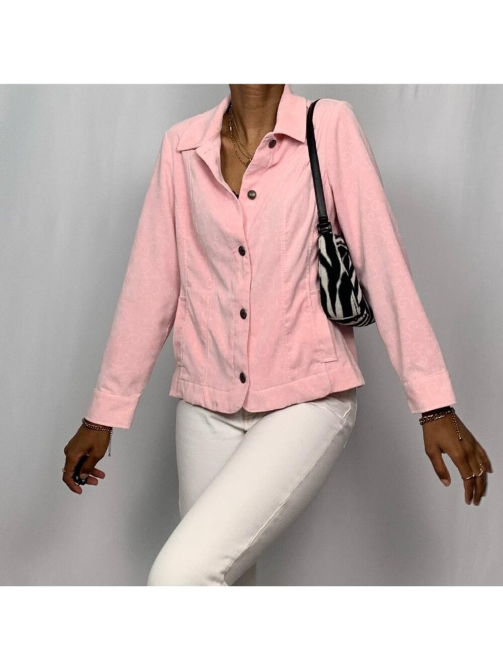 Vintage Bella Hadid style Pink Swirl Printed Corduroy Button Up Jacket Top RARE